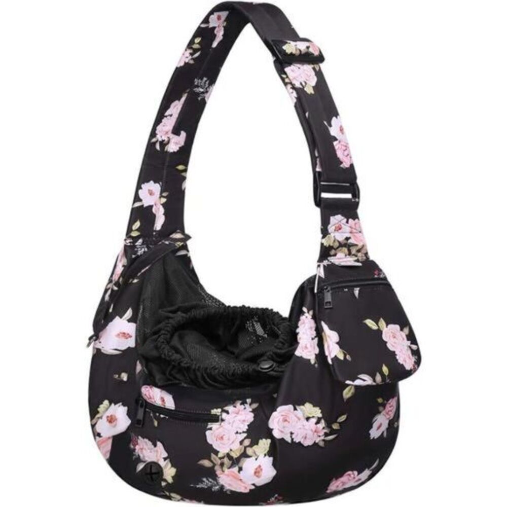 Dog Cat Sling Carrier, Pet Tote Bag Hands Free Adjustable‎ Floral Black Pink